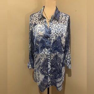 Multiples Blue and White Patterned Button-Down Shirt